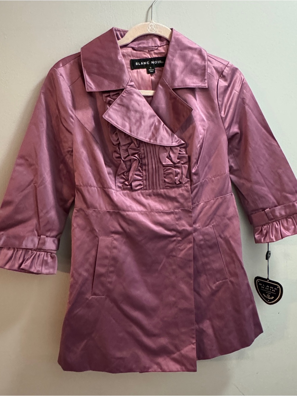 blanc noir Mauve‎ Satin Ruffle-Front Trench Coat Sz S Y2K